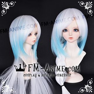 Medium Length Straight Two Layered White & Water Blue BJD Dolls Wig