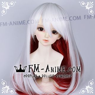 Medium Length Straight Slight Inward Curls White & Dark Red BJD Dolls Wig