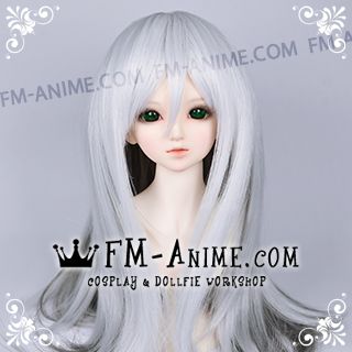 Medium Length Straight Slight Inward Curls Silver White & Smoky Gray BJD Dolls Wig