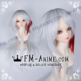 Medium Length Layered with Straight Ponytail Silver White & Dark Red BJD Dolls Wig
