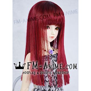 Medium Length Straight Neat Bangs Wine Red BJD Dolls Wig