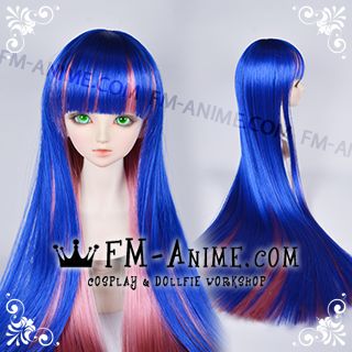 Long Straight Neat Bangs Boa Blue & Smoky Pink Stocking Cosplay BJD Dolls Wig