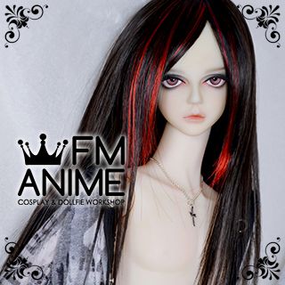 Medium Length Straight Black & Fire Red BJD Dolls Wig