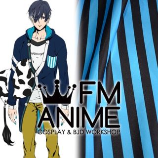 Obey Me! Belphegor Blue Black Stripes Pattern Cosplay Coat Textiles Fabric