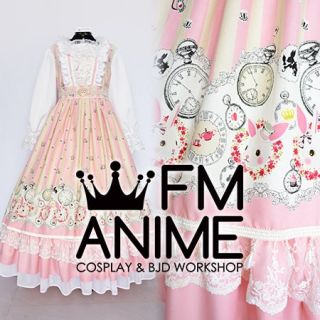 Alice's Adventures in Wonderland White Rabbit Pocket Watch Pink White Lolita Dress Cosplay Costume