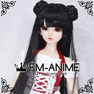 Long Straight with Braided Twin Buns Black BJD Dolls Wig