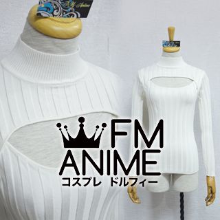 Japan Long Sleeved Wide Pinstripe Tight Highneck Low Cut Cosplay Sweater (White)