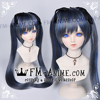 Medium Length Straight Twintails Mixed Gray Blue BJD Dolls Wig