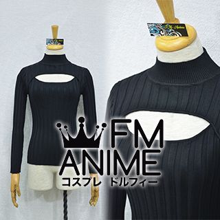 Japan Long Sleeved Wide Pinstripe Tight Highneck Low Cut Cosplay Sweater (Black)