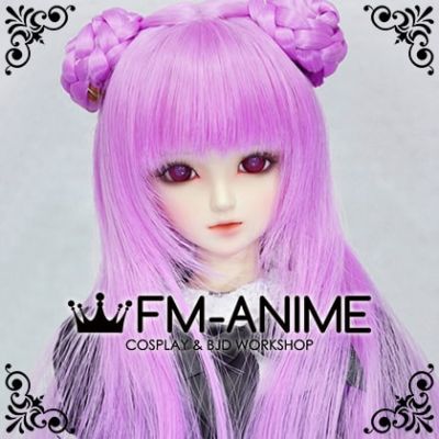Long Straight with Braided Twin Buns Magenta Pink BJD Dolls Wig