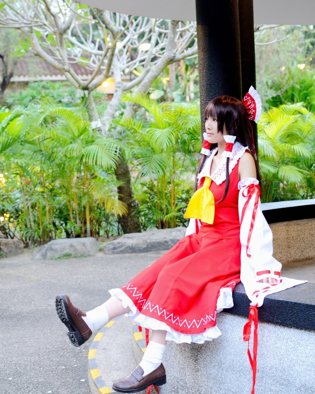 Touhou Project Hakurei Reimu Red Mix White Full Set Fold Dress Cosplay Costume 